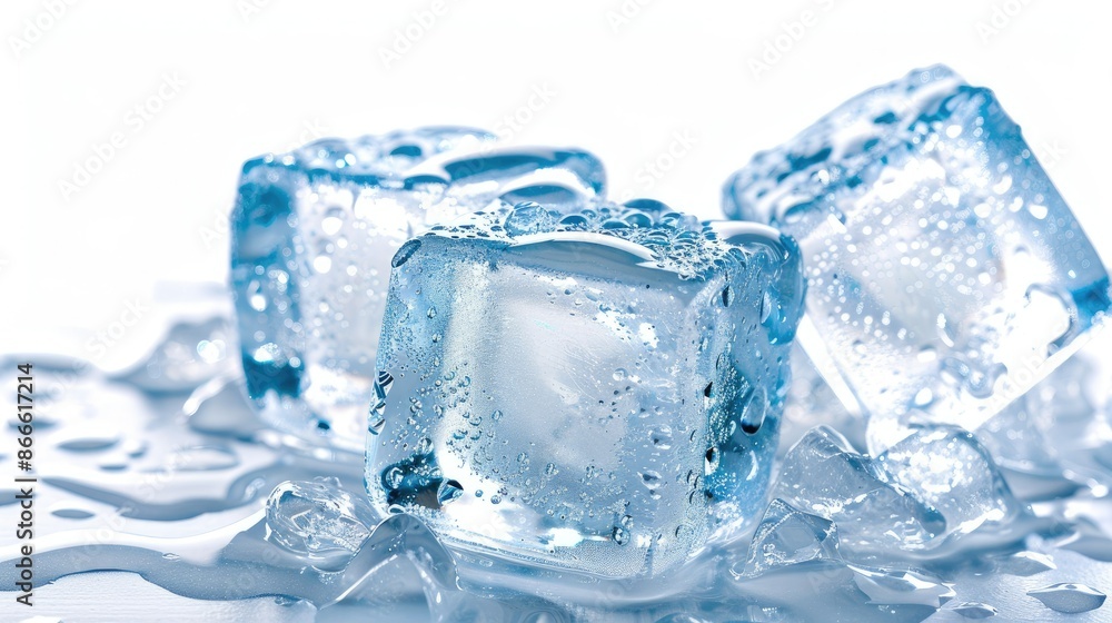 Close-up of three refreshing ice cubes isolated on white, highlighting their role in cooling beverages