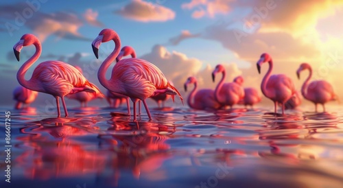 Three Pink Flamingos Feeding in a Calm Lake at Sunset