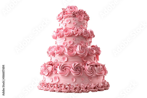 Pink wedding cake with pink rose isolated on transparent background