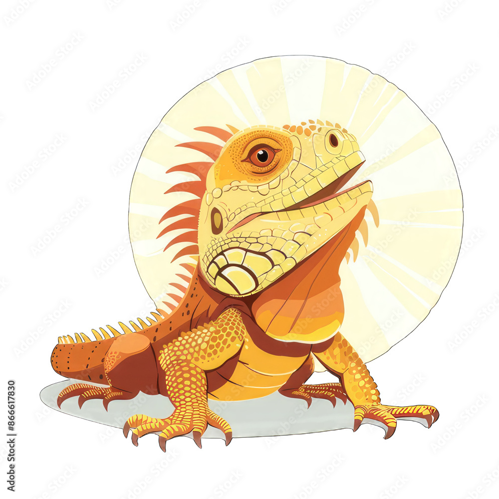 Obraz premium Illustration of a colorful iguana basking in the sun, showcasing its vibrant scales and distinctive features against a bright backdrop.