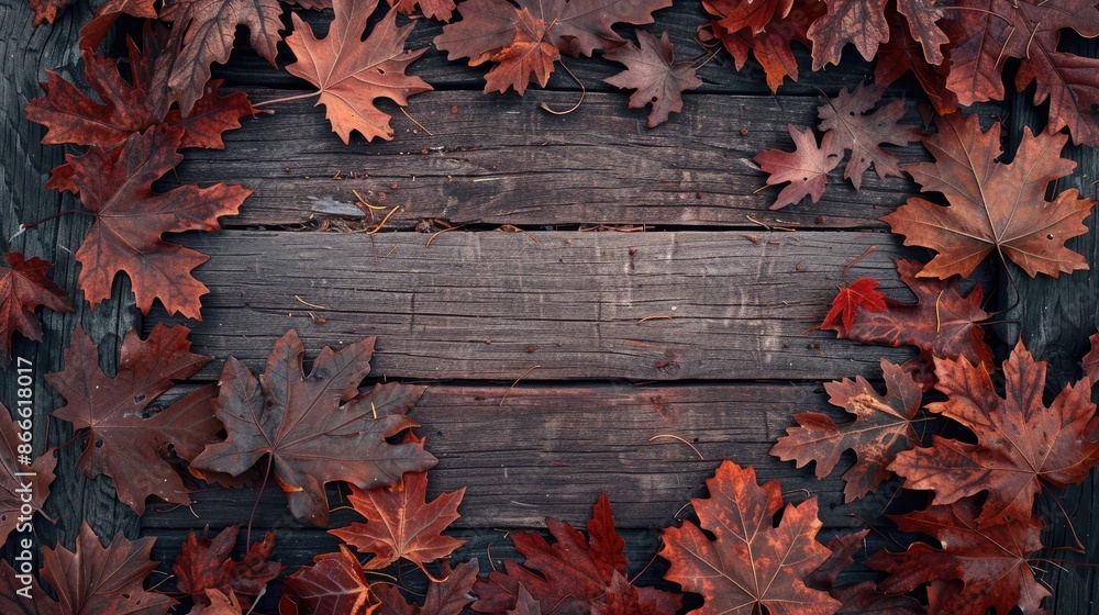 Obraz premium Autumn oak leaves frame on wooden backdrop
