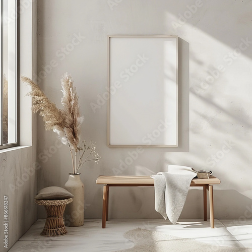 Blank wooden frame mockup on a wall next to a wooden bench with a white sofa. Minimalist Interior design