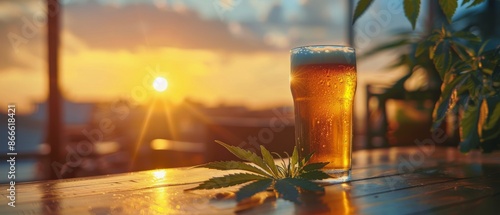 A Pint of Beer With Marijuana Leaves on a Wooden Table at Sunset