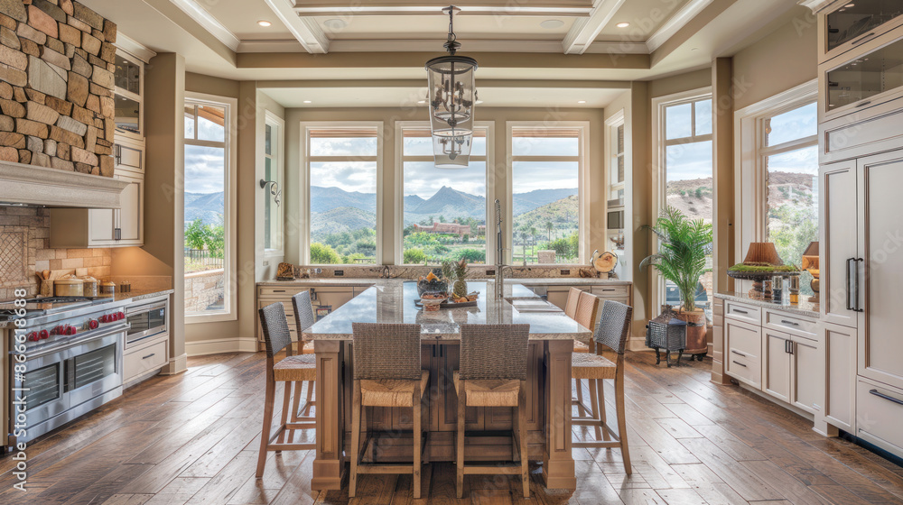 Luxurious and spacious kitchen with large windows, showcasing a breathtaking mountain view. Ideal for interior design, real estate, and home renovation. Luxurious and spacious kitchen with large windows, showcasing a breathtaking mountain view. Ideal for interior design, real estate, and home renovation.