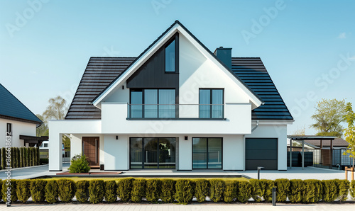 Two Story Modern House with Garden. Architecture Exterior with Windows. Residential Building (one family). Real Estate. Suburban Residence. Germany / Poland style