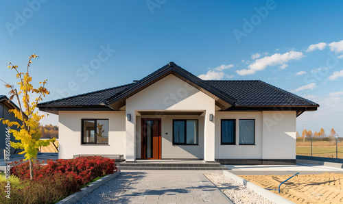 One Story Modern House with Garden. Architecture Exterior with Windows. Residential Building (one family). Real Estate. Suburban Residence. Germany / Poland style