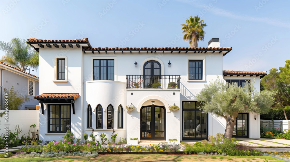 Spanish Revival House with Garden. Architecture Exterior with Windows. Residential Building (one family). Real Estate. Suburban Residence. Spanish Revival House with Garden. Architecture Exterior with Windows. Residential Building (one family). Real Estate. Suburban Residence.
