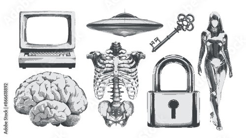 Computer, brain, woman, lock, key, alien ship, skeleton. Retro Surreal Bitmap Vector Kit. Halftone cut-out elements in a futurism style. Vintage psychedelic dotted stickers for poster art or t-shirt.