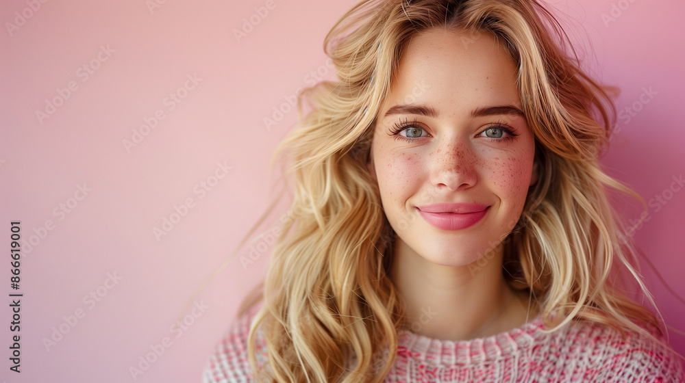Fototapeta premium A young woman with long blonde hair smiles softly, her face illuminated against a pink wall