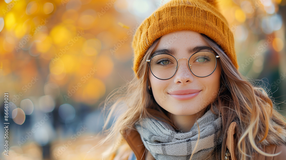 A close-up portrait of a woman wearing a mustard-colored beanie and glasses, smiling warmly as she stands in a park with golden leaves in the background A close-up portrait of a woman wearing a mustard-colored beanie and glasses, smiling warmly as she stands in a park with golden leaves in the background