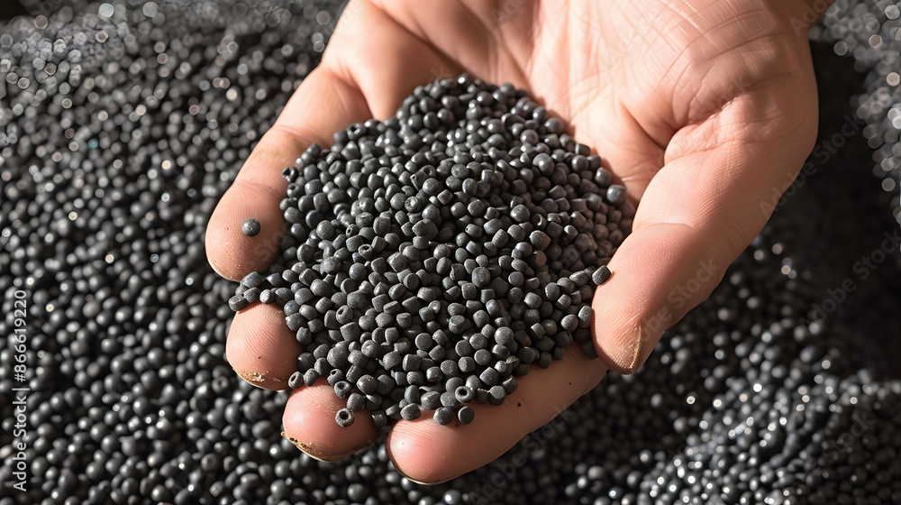 Hand holding Plastic pellets for production,plastic polymer dye granules color black Hand holding Plastic pellets for production,plastic polymer dye granules color black