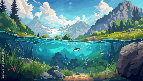 Mountain River Scene Underwater Exploration Trout Fish Aquatic Life Nature Cartoon Style Illustration Mountain Landscape Riverbed Serene Environment Submerged World Tranquil Waters
