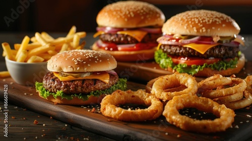 Fast food assortment featuring hamburgers, fries, and onion rings, ideal for a satisfying dining experience