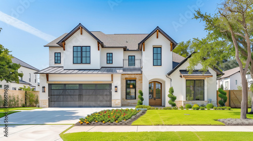 American House (Texas Style) with Garden. Architecture White Exterior with Windows. Residential Building (one family). Real Estate. Suburban Residence.   