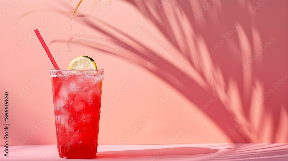 Red Summer Drink on a pink Background with Sunlight and Shadows Red Summer Drink on a pink Background with Sunlight and Shadows