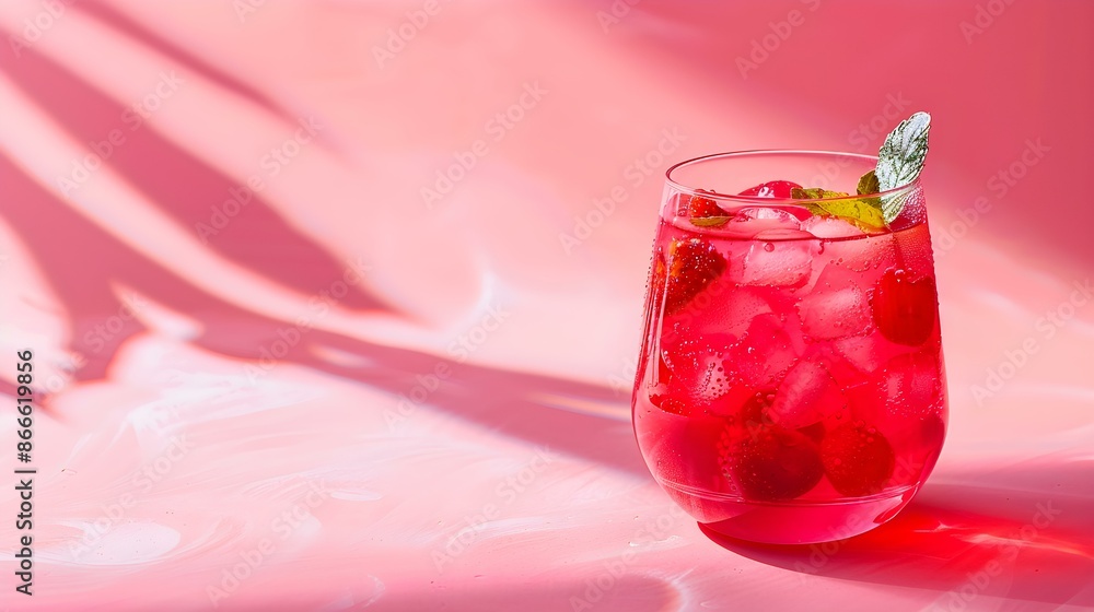 Red Summer Drink on a pink Background with Sunlight and Shadows Red Summer Drink on a pink Background with Sunlight and Shadows