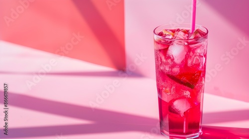 Red Summer Drink on a pink Background with Sunlight and Shadows