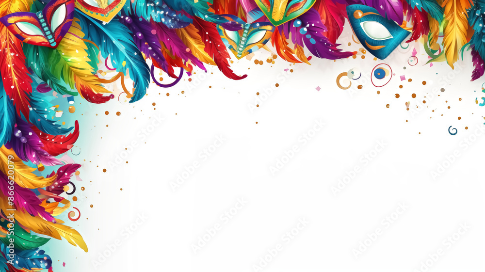 Fototapeta premium Colorful Carnival Feather Mask Border with Confetti on White Background for Festive Celebrations and Events