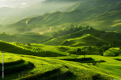 Landscape with green grass and mountains, high quality  4k, scene wallpaper rice field