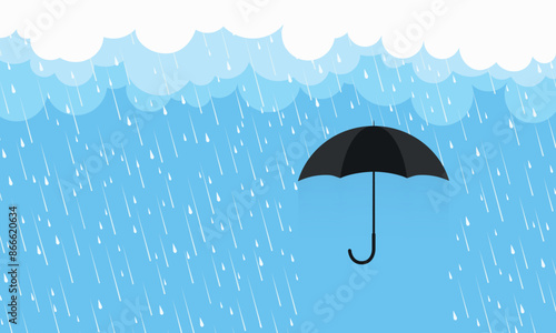 Rain drops on blue background. Falling water drops. Nature rainfall and umbrella.