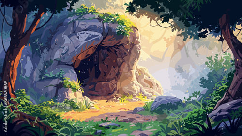 Mysterious Stone Cave Entrance Magical Forest Cartoon Background Illustration Secret Cave Entrance Fantasy Forest Adventure Game Background Hidden Cave Discovery Scene Environment