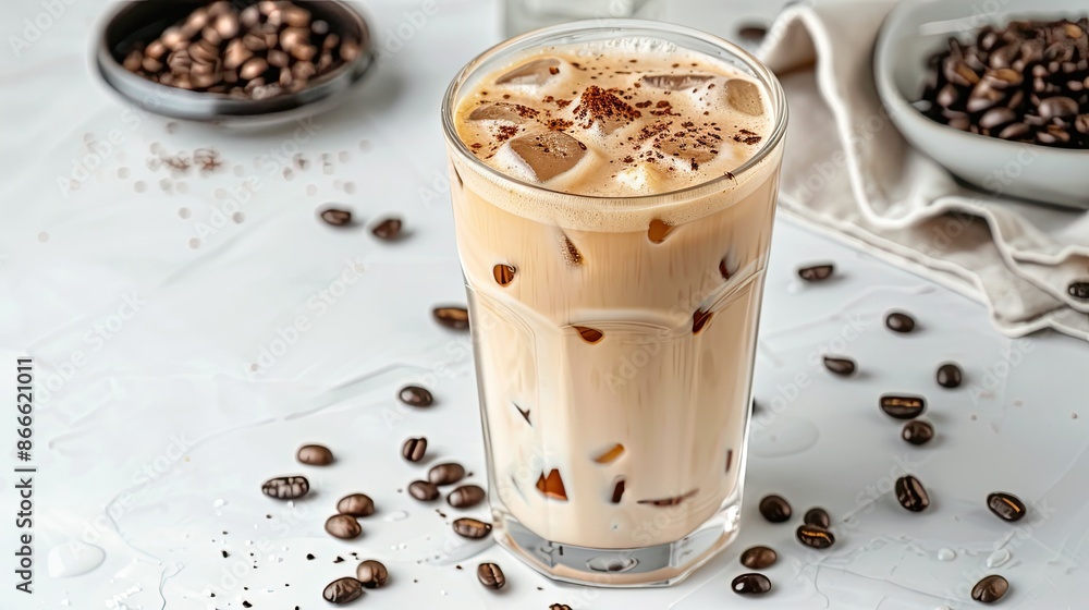 Iced latte coffee garnished with coffee beans on a pristine white tabletop, ideal for cafe promotions Iced latte coffee garnished with coffee beans on a pristine white tabletop, ideal for cafe promotions