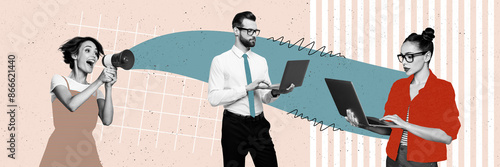 Canvas Print Composite panoramic collage of business partners type macbook device freelance g