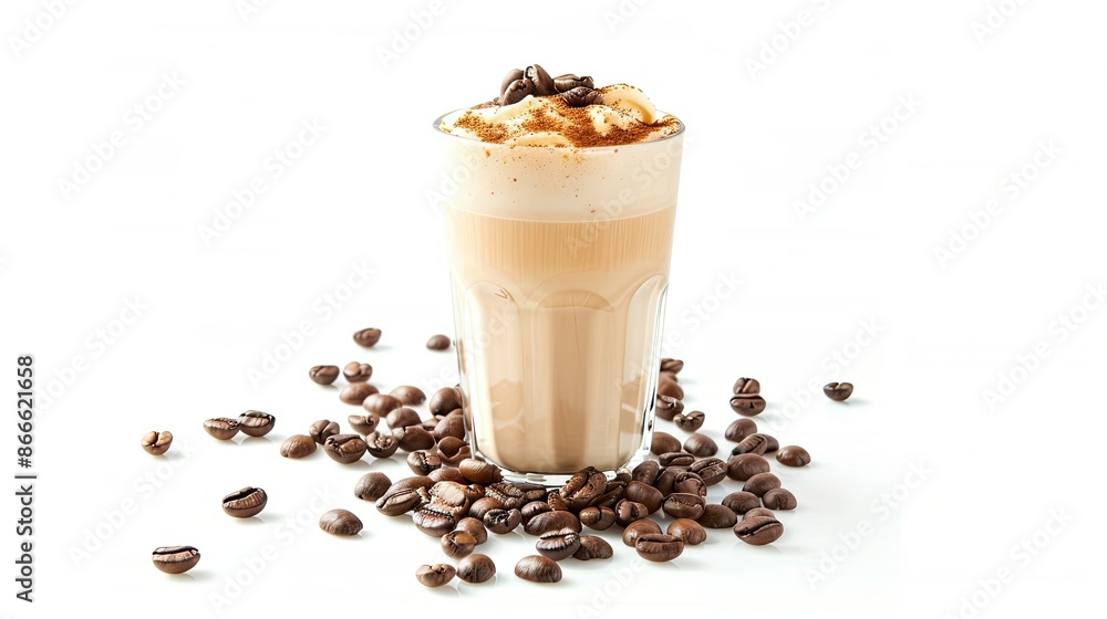Latte ice coffee and coffee beans on a clean white background, perfect for coffee-themed designs Latte ice coffee and coffee beans on a clean white background, perfect for coffee-themed designs