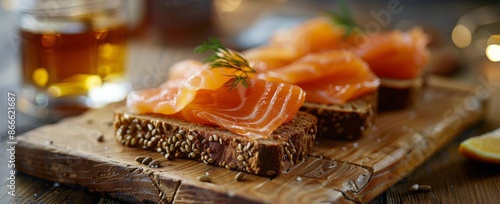 Close Up of Smoked Salmon and Herb Toast on a Wooden Cutting Board