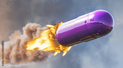 A purple pill with a fiery trail soaring through the sky. photo