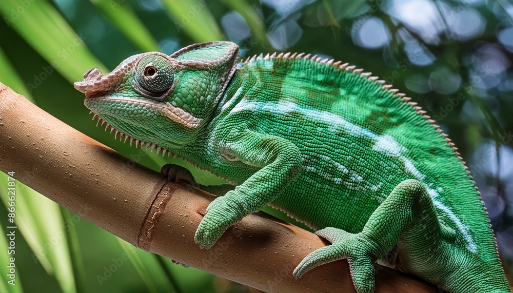 Fototapeta premium Grüner Chamäleon sitzt auf einem Ast im Urwald