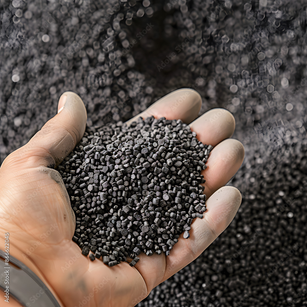 Hand holding Plastic pellets for production,plastic polymer dye granules color black Hand holding Plastic pellets for production,plastic polymer dye granules color black