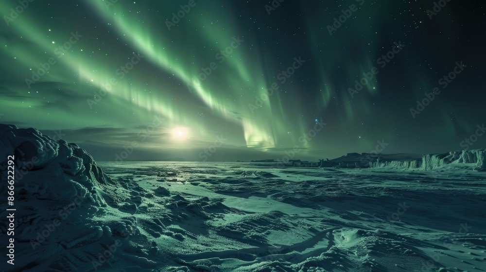 Naklejka premium Northern lights casting an enchanting glow over a frozen sea shore, highlighting the beauty of polar nights