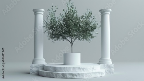 Background podium column 3d roman luxury greek white ancient display product classic. Podium platform background column pillar stage minimal stand beauty design Greece render scene plant cosmetic Rome