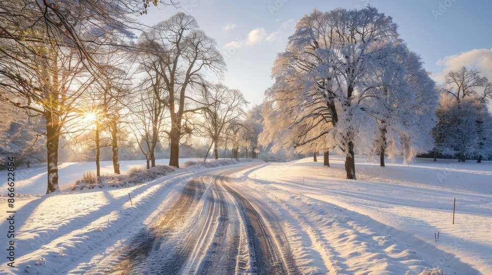 Picturesque winter scene with a road winding through a sunlit park covered in snow and frost Picturesque winter scene with a road winding through a sunlit park covered in snow and frost
