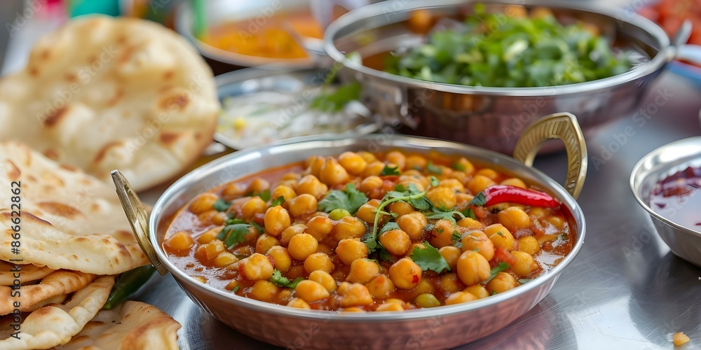 Spicy chickpea curry with fried bread served on a vibrant plate in a Punjabi street market. Concept Indian cuisine, Chickpea curry, Street food, Punjabi culture, Food photography Spicy chickpea curry with fried bread served on a vibrant plate in a Punjabi street market. Concept Indian cuisine, Chickpea curry, Street food, Punjabi culture, Food photography