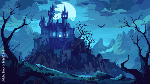 Night Landscape Dracula s Castle on Top of a Mountain Eerie Cartoon Background Full Moon Gothic Architecture Transylvanian Mountains Mysterious Atmosphere Horror Halloween