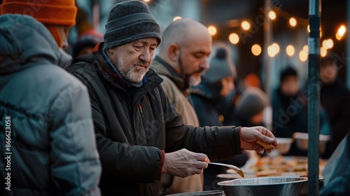 Volunteer serves food to the homeless at a shelter The atmosphere is warm and caring, with people lined up, receiving meals and gratitude filling the air photo