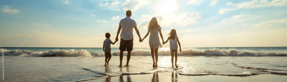 Happy Family Walking Hand in Hand Along the Beach at Sunset Happy Family Walking Hand in Hand Along the Beach at Sunset