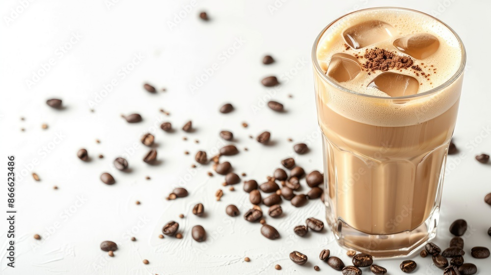 Refreshing latte ice coffee garnished with coffee beans on a clean white backdrop, perfect for coffee shop visuals Refreshing latte ice coffee garnished with coffee beans on a clean white backdrop, perfect for coffee shop visuals