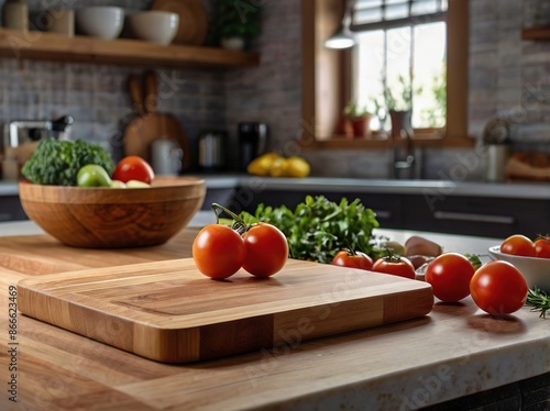 Tabla para picar de madera sobre una barra, acompañada de algunas verduras, en una cocina photo
