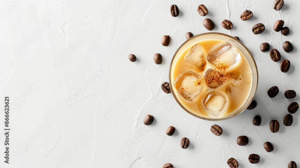 Refreshing latte ice coffee served with coffee beans on a minimalist white background Refreshing latte ice coffee served with coffee beans on a minimalist white background