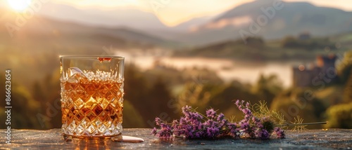 Atmospheric commercial shot of Scottish Atholl Brose, golden whisky and honey drink in a crystal thistle-shaped glass photo