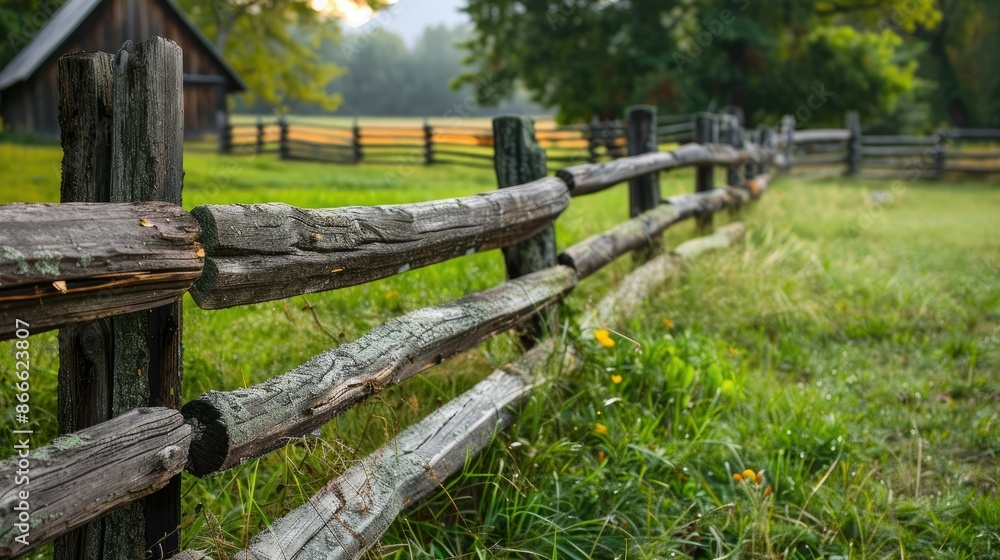 Rustic wooden fence in countryside setting, evoking nostalgia and simplicity Rustic wooden fence in countryside setting, evoking nostalgia and simplicity