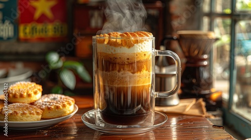 Aromatic commercial photo of Vietnamese Egg Coffee, ca phe trung in a clear glass mug photo