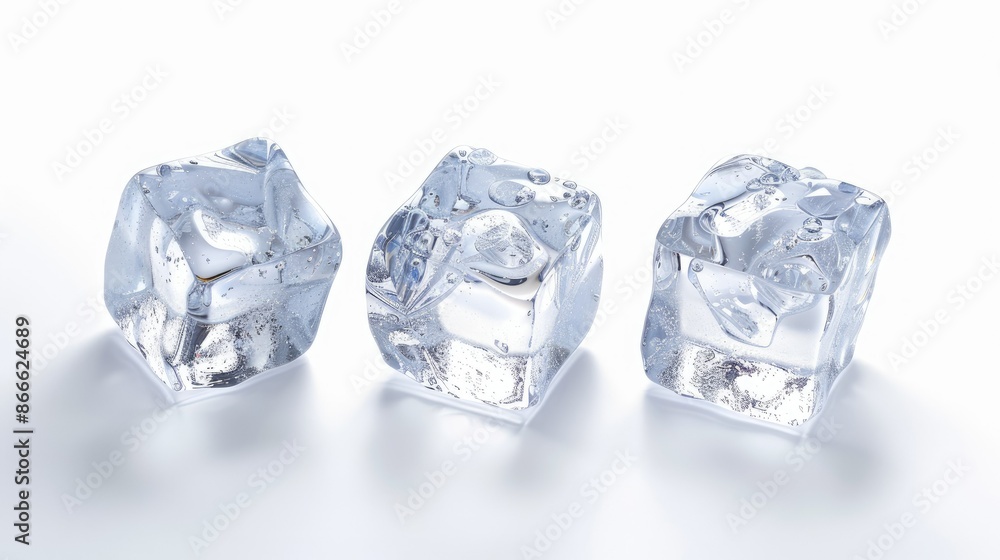 Three perfectly formed ice cubes isolated on a white backdrop, highlighting their clarity and cooling capabilities Three perfectly formed ice cubes isolated on a white backdrop, highlighting their clarity and cooling capabilities