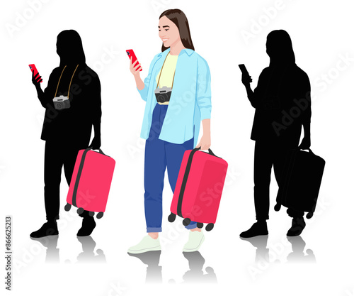 Young woman tourist with camera and smartphone. Girl in casual clothes with a suitcase. Female traveler goes on a journey. Vector illustration isolated on white