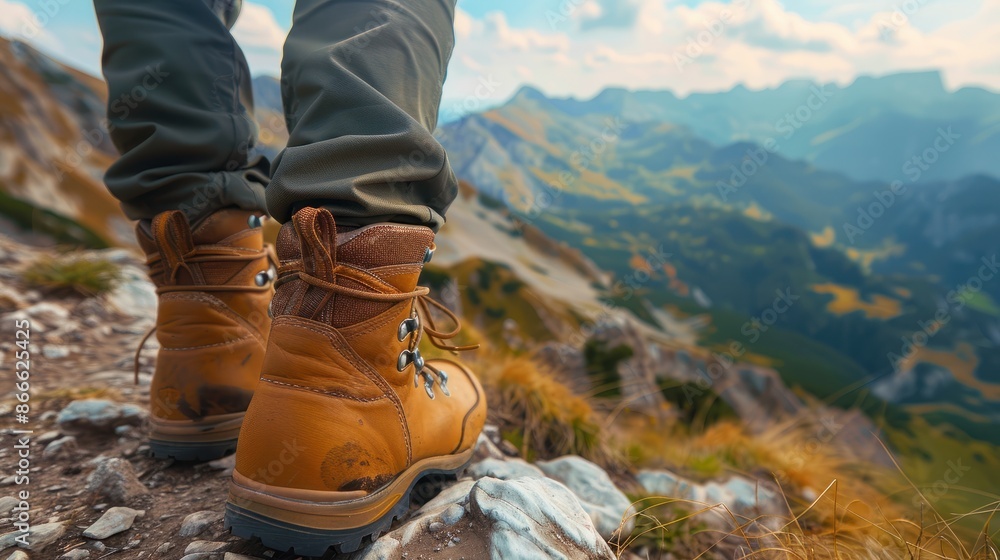 Close-up of hiking boots on a rocky mountain trail with a scenic view of the surrounding landscape, emphasizing outdoor adventure. Close-up of hiking boots on a rocky mountain trail with a scenic view of the surrounding landscape, emphasizing outdoor adventure.
