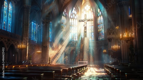 Ethereal atmosphere: Soft light bathes the cathedral, accentuating the cross through stained-glass windows, conveying divine beauty and serenity