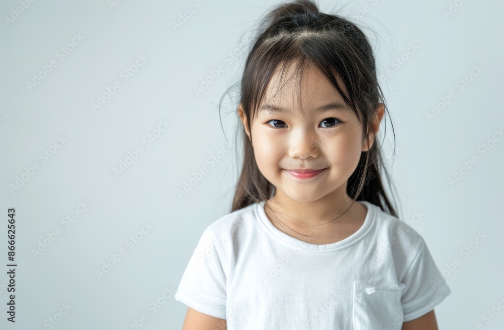 A happy little Asian girl dressed in a white t-shirt, smiling warmly at the camera. Her clean and simple look, combined with her joyful demeanor, makes this photo ideal for advertisements, A happy little Asian girl dressed in a white t-shirt, smiling warmly at the camera. Her clean and simple look, combined with her joyful demeanor, makes this photo ideal for advertisements,